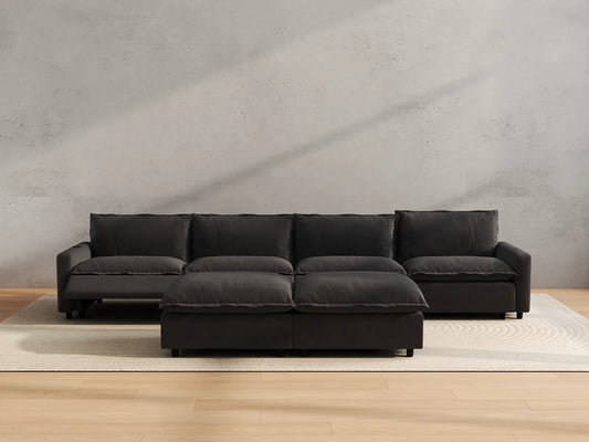 Modular Cero Reclining Sectionals | 6-Piece Grey Linen Large Space Sofa Sets 4-Seater with 2-Ottomans