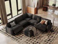 Modular Cero Power Reclining Sofa Set | 6-Piece Grey Linen Large Space Sofa Sets 5-Seater with 1-Ottoman