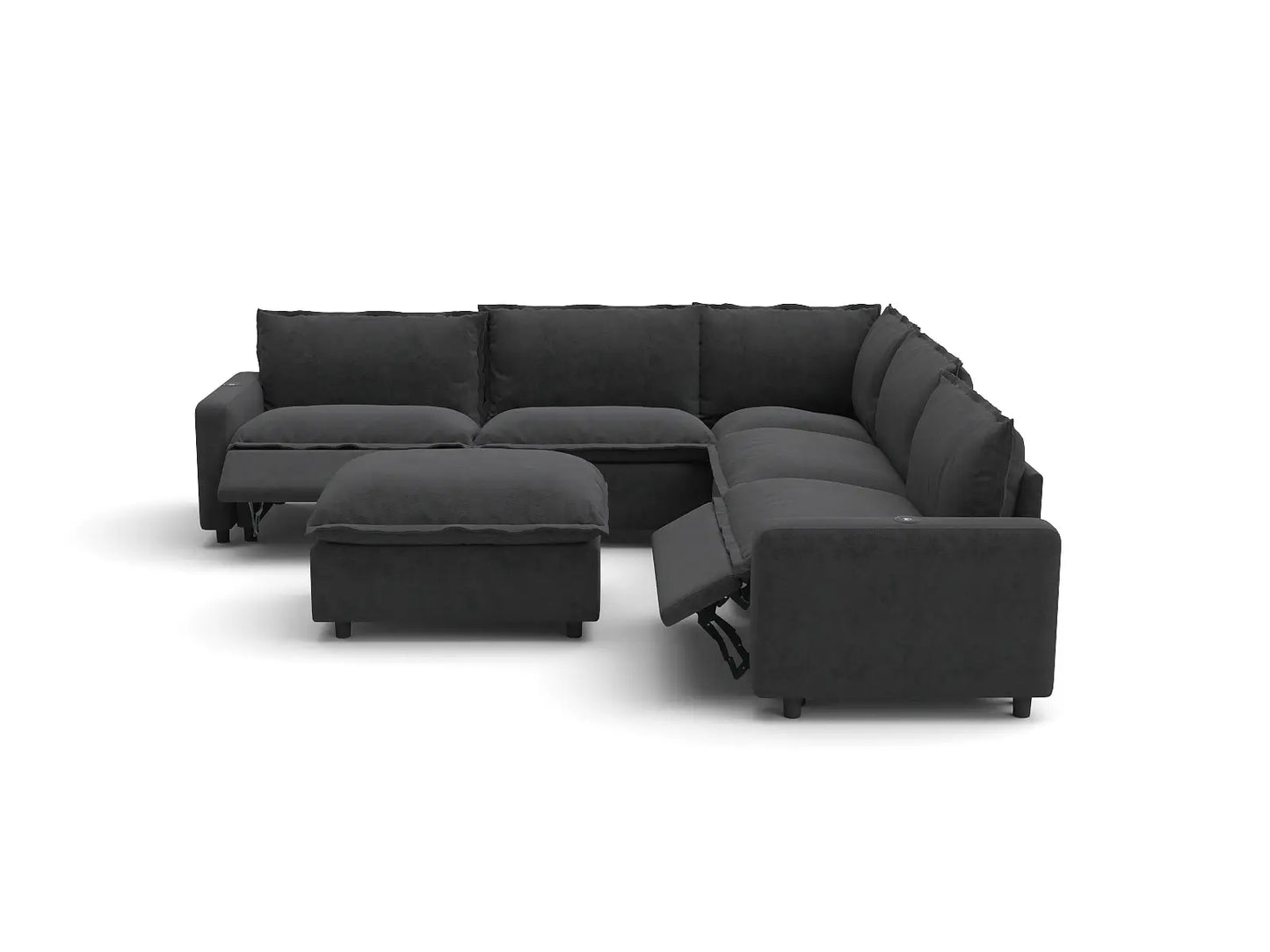 Modular Cero Power Reclining Sofa Set | 6-Piece Grey Linen Large Space Sofa Sets 5-Seater with 1-Ottoman