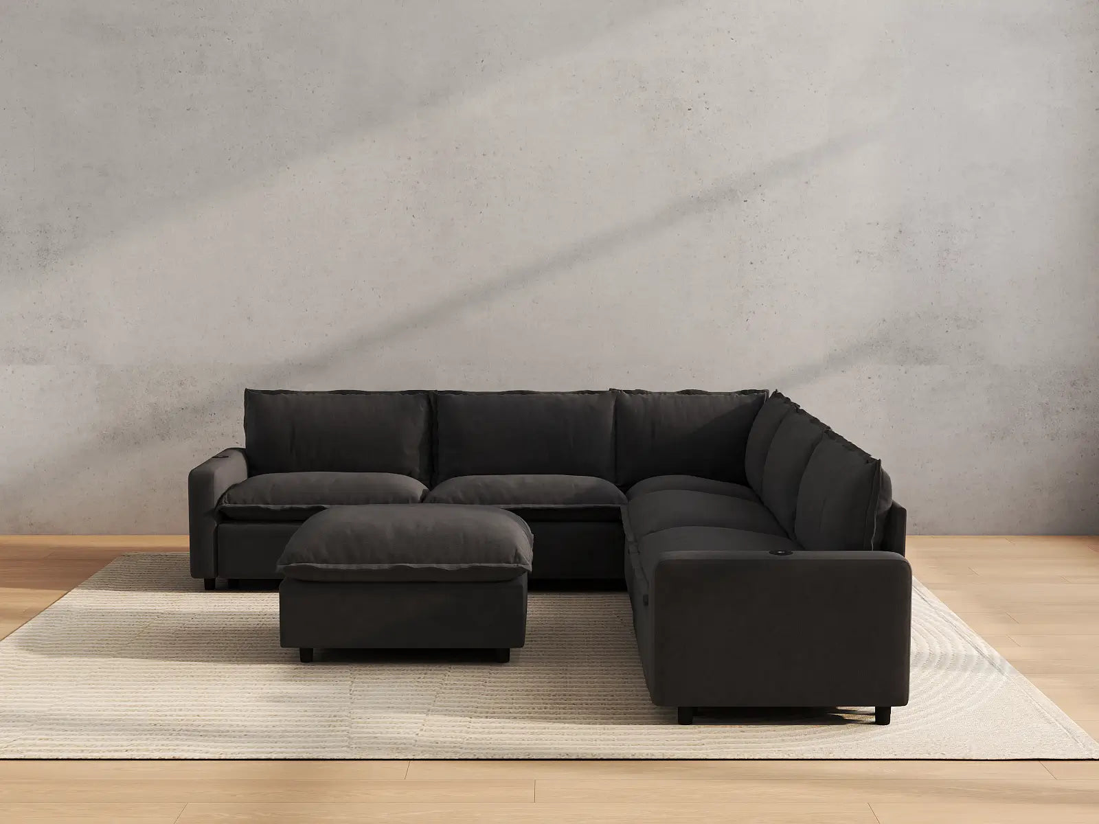 Modular Cero Power Reclining Sofa Set | 6-Piece Grey Linen Large Space Sofa Sets 5-Seater with 1-Ottoman