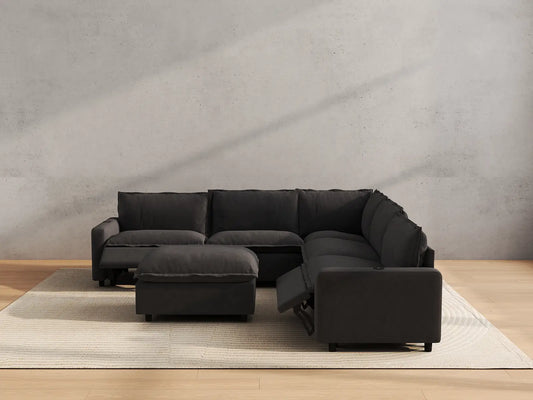 Modular Cero Reclining Sectionals | 6-Piece Grey Linen Large Space Sofa Sets 5-Seater with 1-Ottoman