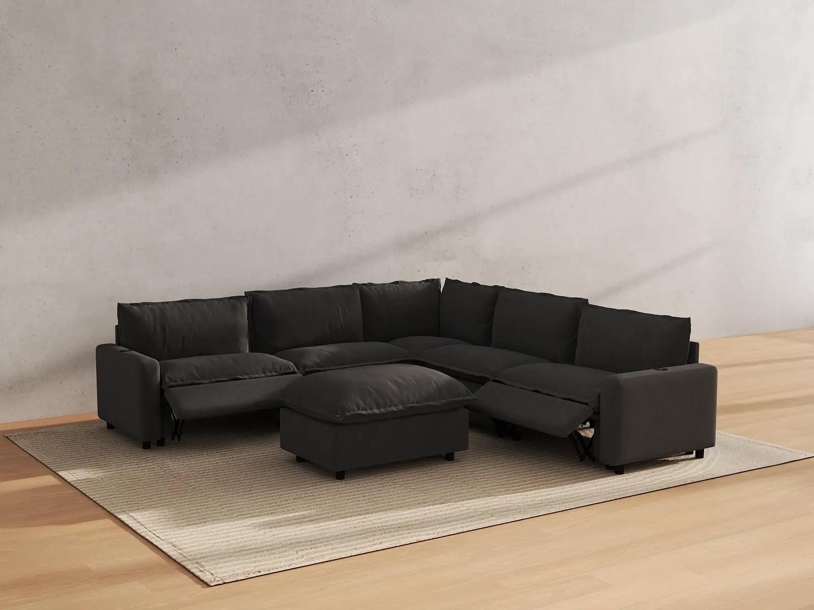 Modular Cero Power Reclining Sofa Set | 6-Piece Grey Linen Large Space Sofa Sets 5-Seater with 1-Ottoman