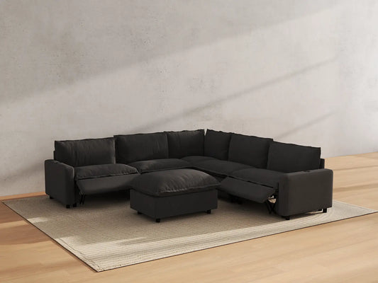 Modular Cero Reclining Sectionals | 6-Piece Grey Linen Large Space Sofa Sets 5-Seater with 1-Ottoman