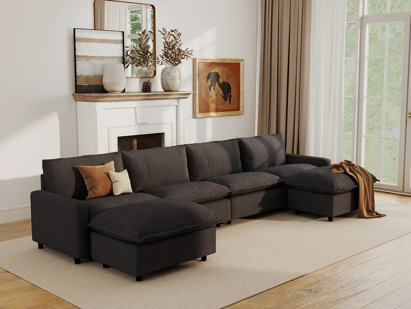 Modular Cero Modular Sectionals | 6-Piece Grey Linen Large Space U-Shaped Sectionals 4-Seater with 2-Ottomans
