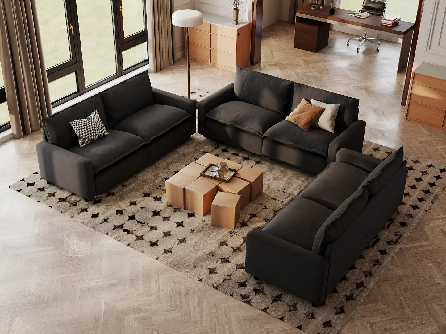 Modular Cero Modular Sectionals | 6-Piece Grey Linen Large Space U-Shaped Sectionals 6-Seater