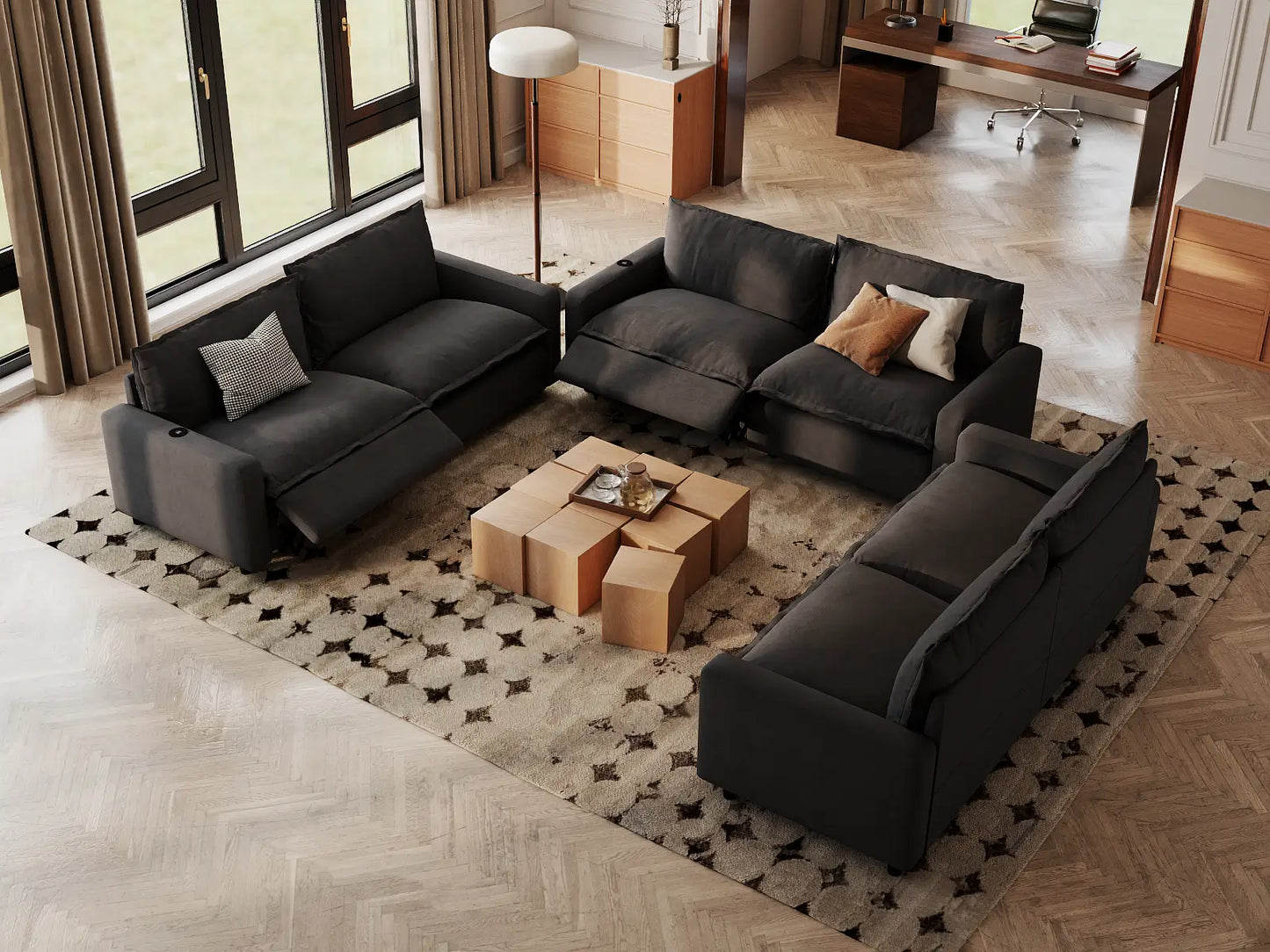 Modular Cero Reclining Sectionals | 6-Piece Grey Linen Large Space U-Shaped Sectionals 6-Seater