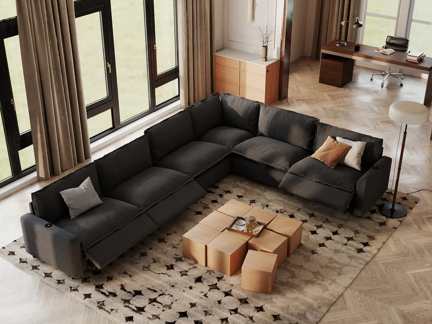 Modular Cero Reclining Sectionals | 6-Piece Grey Linen Large Space V-Shaped Sectionals 6-Seater