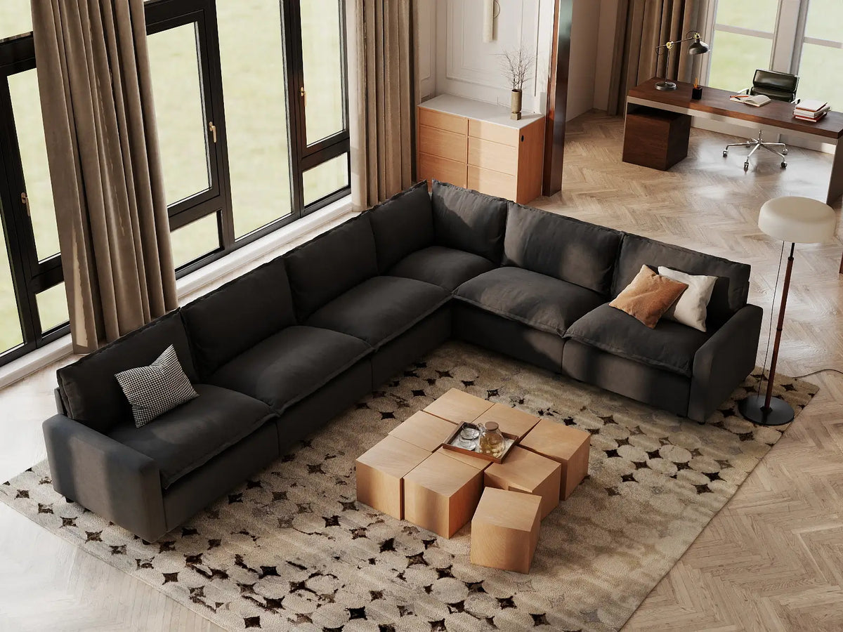 Modular Cero Modular Sectionals | 6-Piece Grey Linen Large Space V-Shaped Sectionals 6-Seater