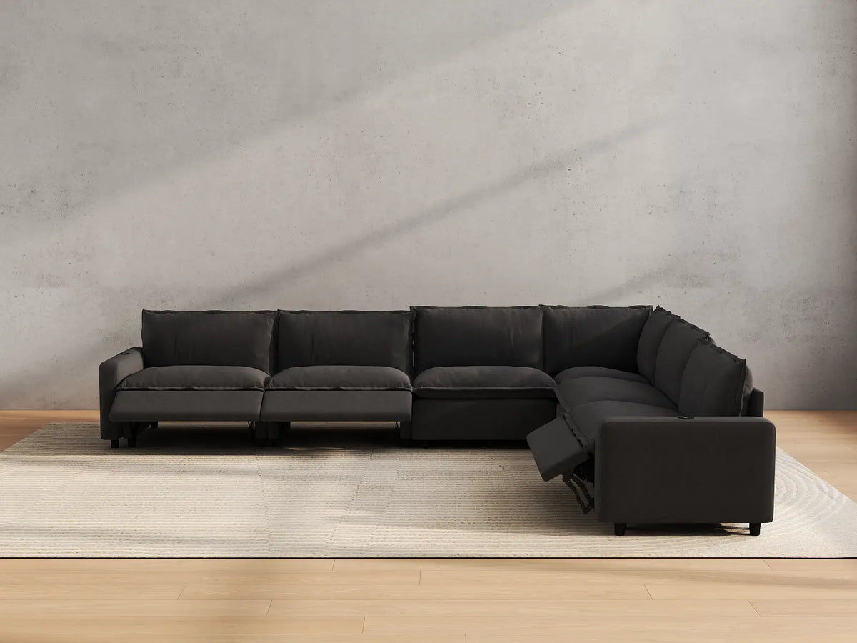 Modular Cero Reclining Sectionals | 6-Piece Grey Linen Large Space V-Shaped Sectionals 6-Seater