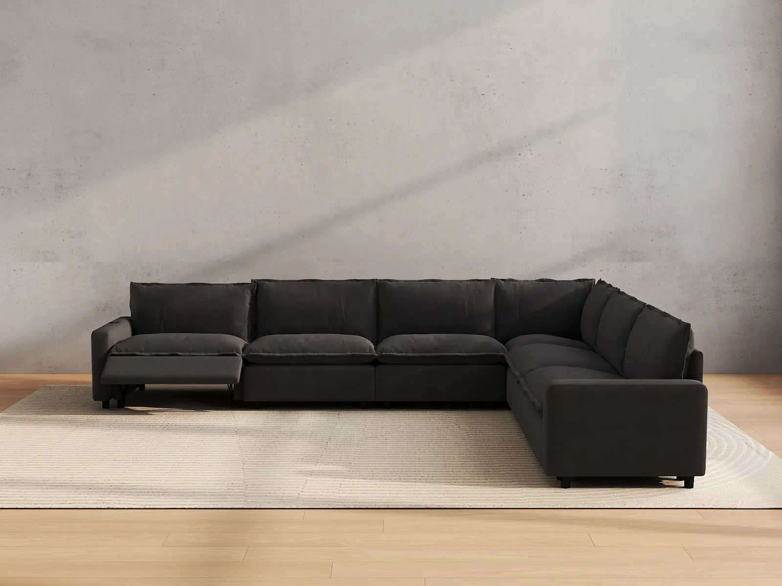 Modular Cero Sectional with Recliner | 6-Piece Grey Linen Large Space V-Shaped Sectionals 6-Seater
