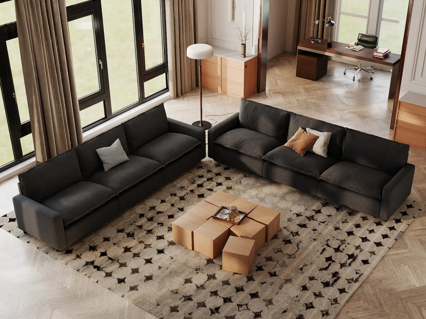 Modular Cero Modular Sectional Couch | 6-Piece Grey Linen Large Space V-Shaped Sectionals 6-Seater