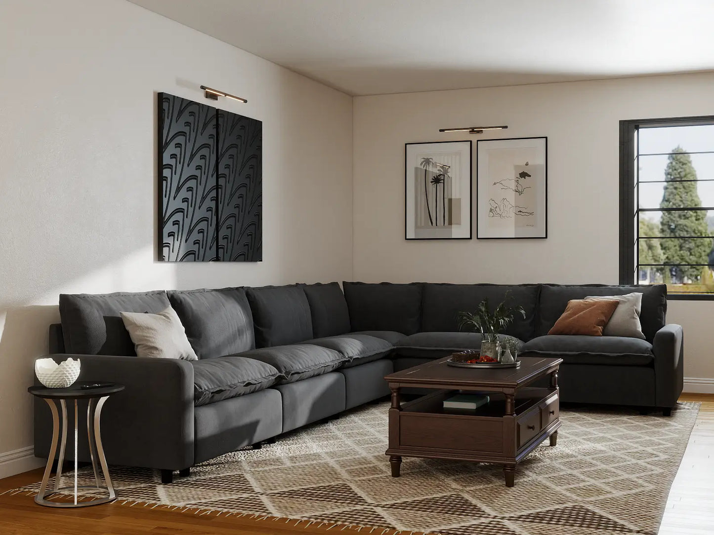 Modular Cero Modular Sectionals | 6-Piece Grey Linen Large Space V-Shaped Sectionals 6-Seater