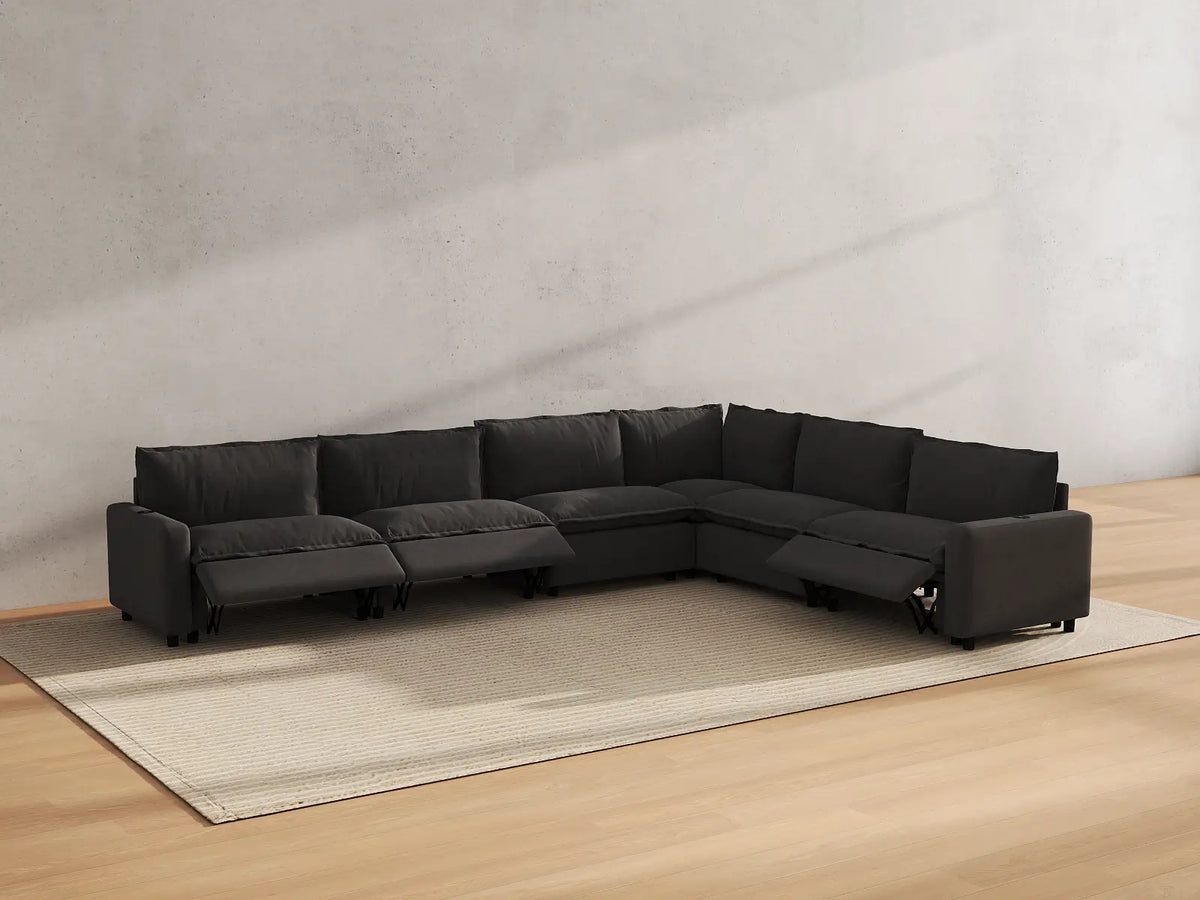 Modular Cero Reclining Sectionals | 6-Piece Grey Linen Large Space V-Shaped Sectionals 6-Seater