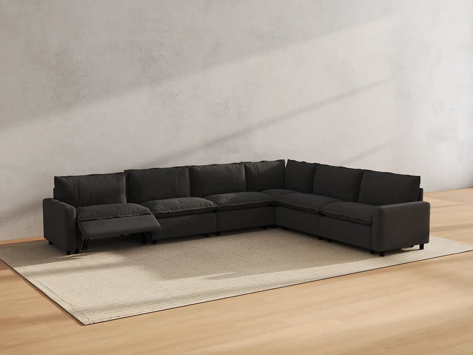 Modular Cero Sectional with Recliner | 6-Piece Grey Linen Large Space V-Shaped Sectionals 6-Seater