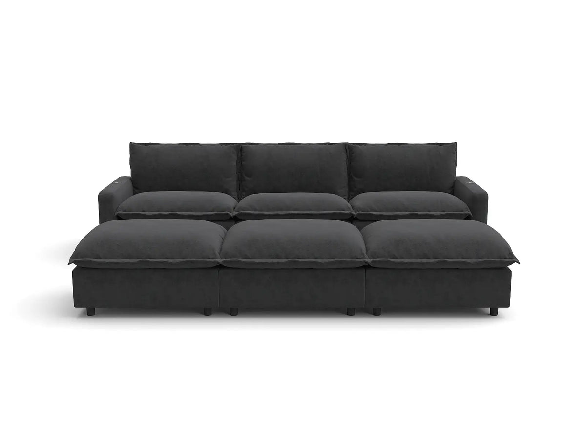 Modular Cero Reclining Sectionals | 6-Piece Grey Linen Open Plan Pit Sectionals 3-Seater with 3-Ottomans
