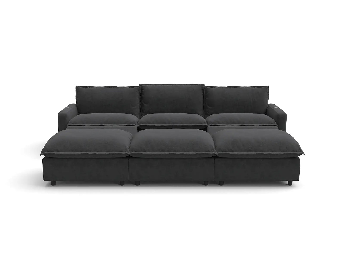 Modular Cero Reclining Sectionals | 6-Piece Grey Linen Open Plan Pit Sectionals 3-Seater with 3-Ottomans