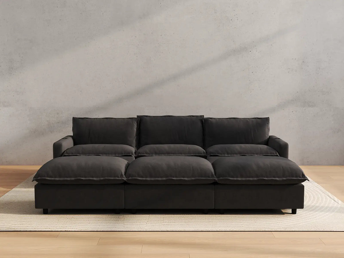 Modular Cero Reclining Sectionals | 6-Piece Grey Linen Open Plan Pit Sectionals 3-Seater with 3-Ottomans
