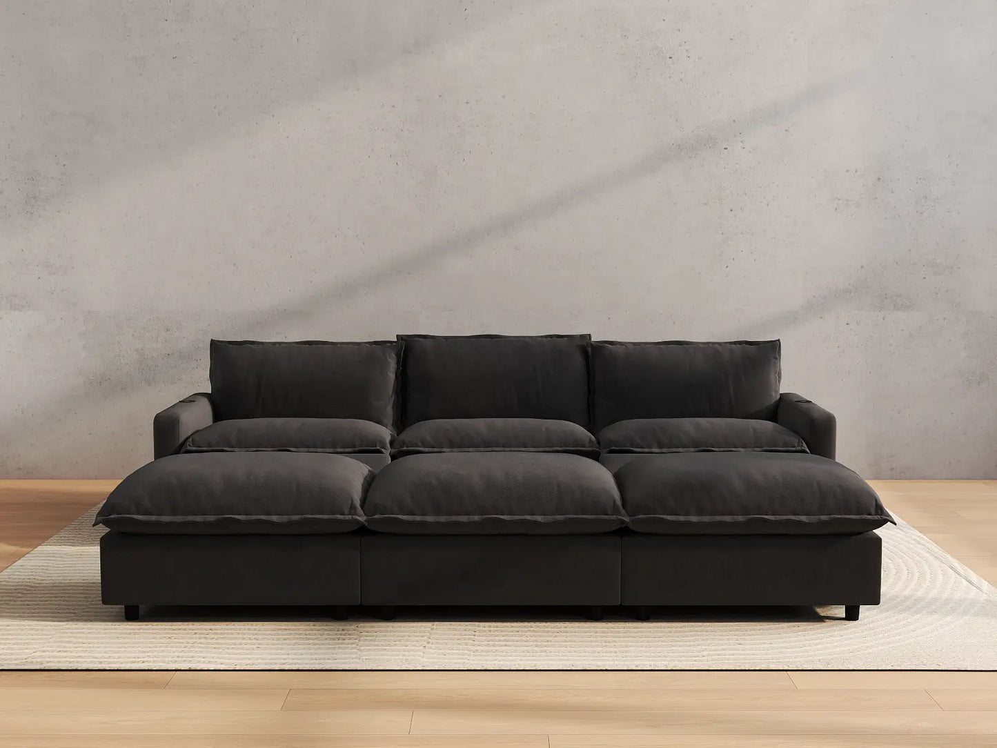 Modular Cero Reclining Sectionals | 6-Piece Grey Linen Open Plan Pit Sectionals 3-Seater with 3-Ottomans