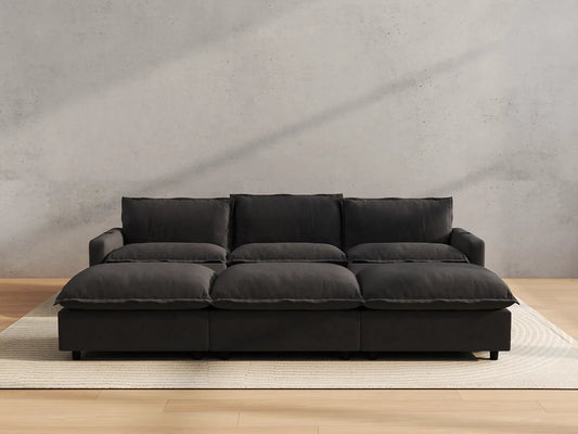 Modular Cero Reclining Sectionals | 6-Piece Grey Linen Open Plan Pit Sectionals 3-Seater with 3-Ottomans