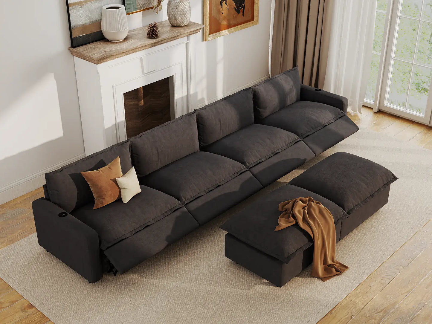 Modular Cero Reclining Sectionals | 6-Piece Grey Linen Open Plan Sofa Sets 4-Seater with 2-Ottomans