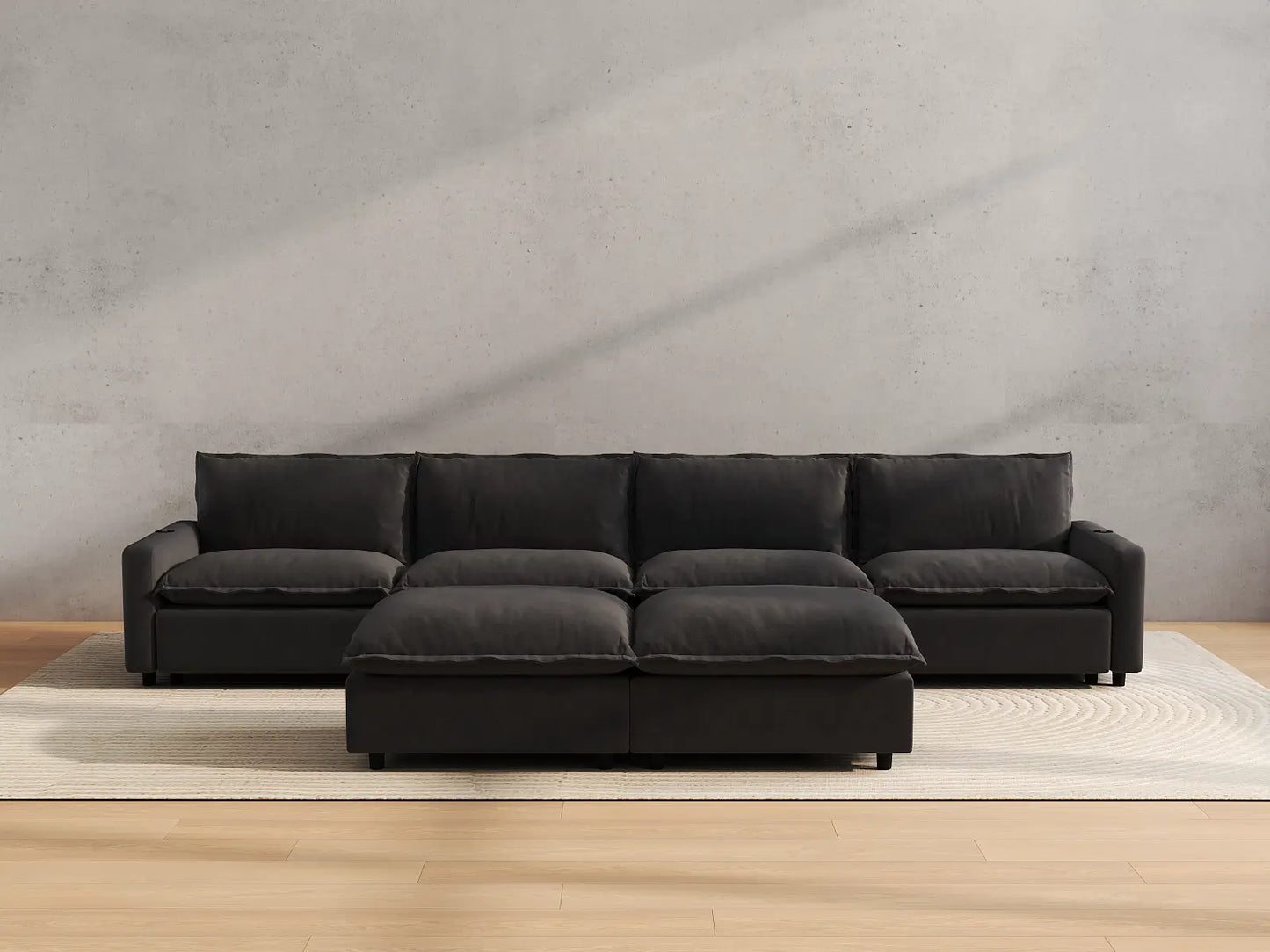 Modular Cero Reclining Sectionals | 6-Piece Grey Linen Open Plan Sofa Sets 4-Seater with 2-Ottomans