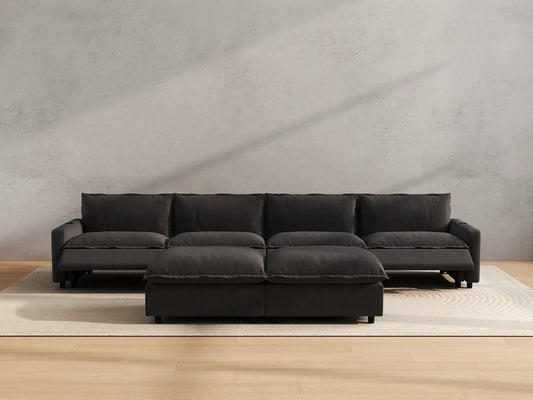 Modular Cero Reclining Sectionals | 6-Piece Grey Linen Open Plan Sofa Sets 4-Seater with 2-Ottomans