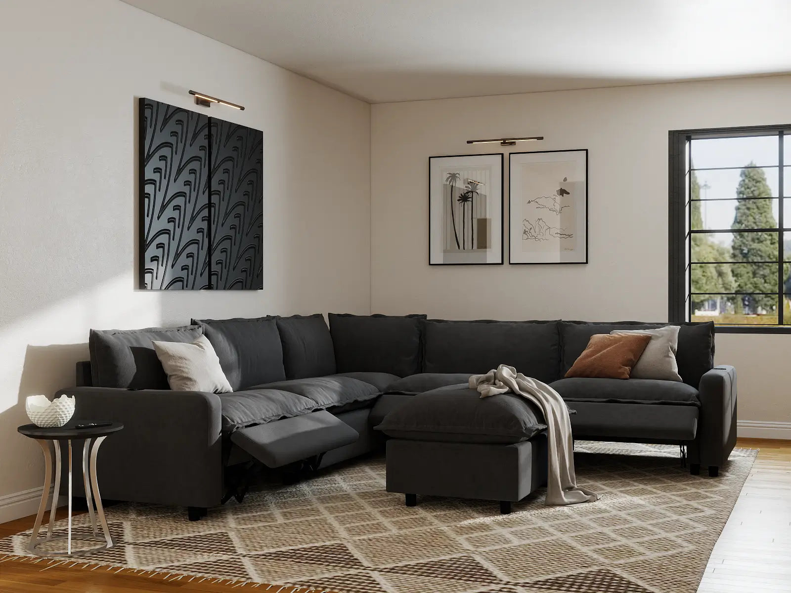 Modular Cero Reclining Sectionals | 6-Piece Grey Linen Open Plan Sofa Sets 5-Seater with 1-Ottoman