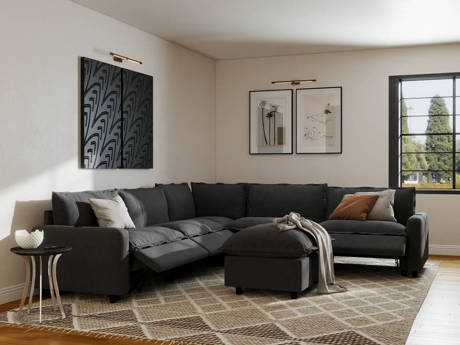 Modular Cero Reclining Sectionals | 6-Piece Grey Linen Open Plan Sofa Sets 5-Seater with 1-Ottoman