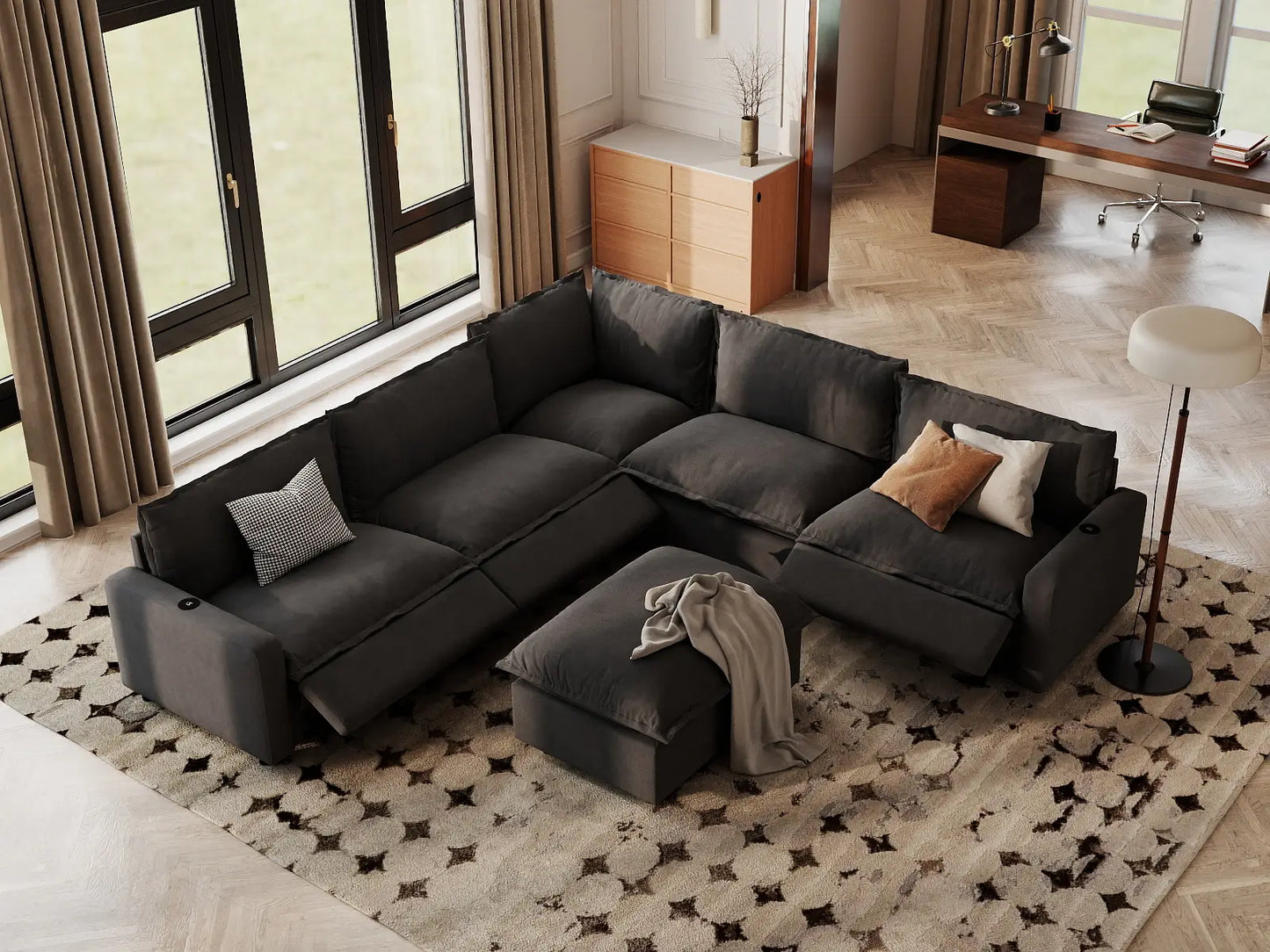 Modular Cero Reclining Sectionals | 6-Piece Grey Linen Open Plan Sofa Sets 5-Seater with 1-Ottoman