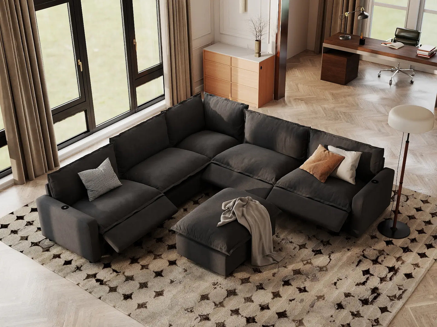 Modular Cero Reclining Sectionals | 6-Piece Grey Linen Open Plan Sofa Sets 5-Seater with 1-Ottoman