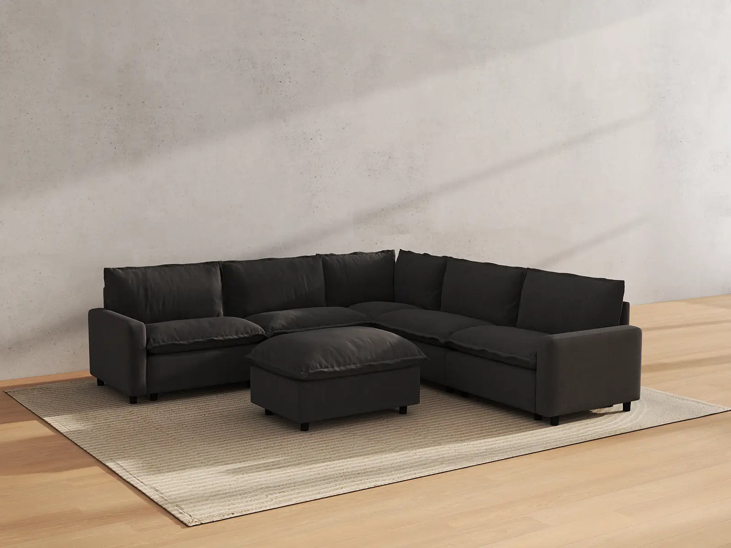 Modular Cero Modular Sectional with Chaise | 6-Piece Grey Linen Open Plan Sofa Sets 5-Seater with 1-Ottoman