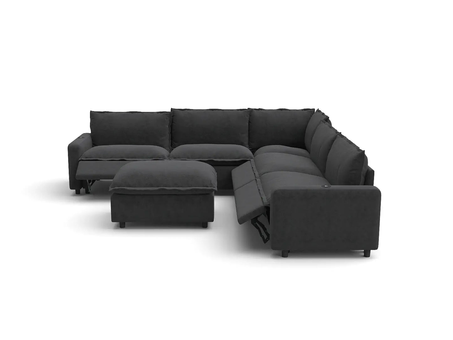 Modular Cero Reclining Sectionals | 6-Piece Grey Linen Open Plan Sofa Sets 5-Seater with 1-Ottoman