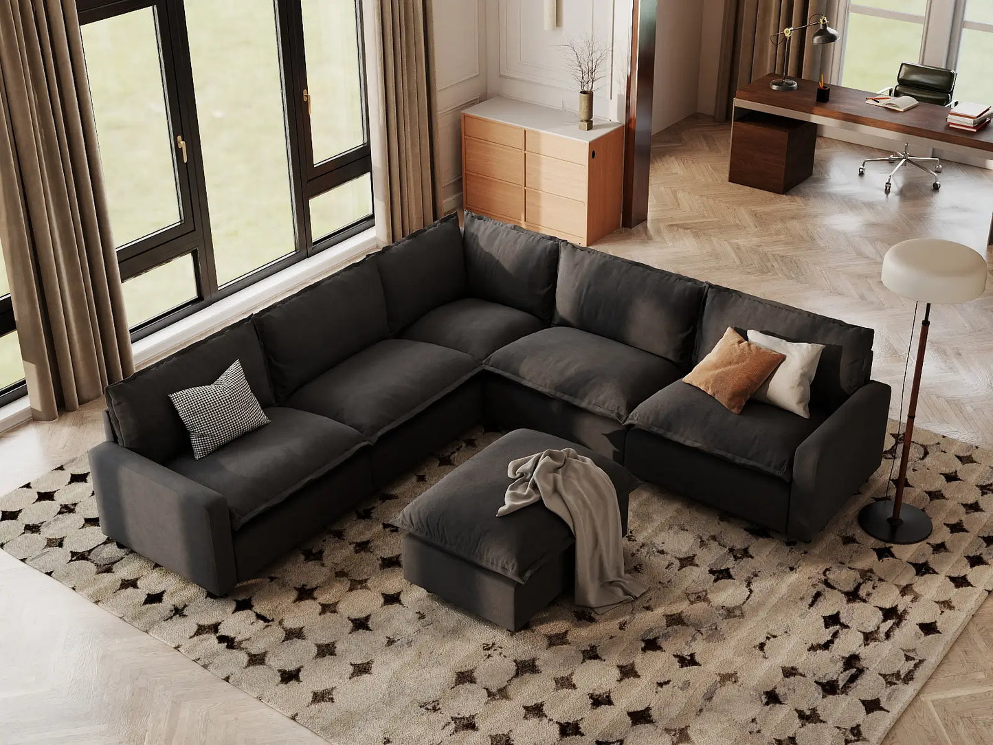 Modular Cero Modular Sectional with Chaise | 6-Piece Grey Linen Open Plan Sofa Sets 5-Seater with 1-Ottoman