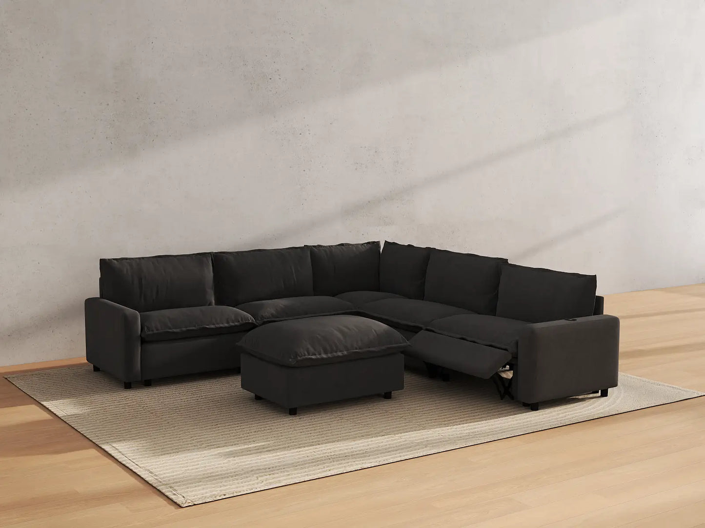 Modular Cero Sofa Set Recliner | 6-Piece Grey Linen Open Plan Sofa Sets 5-Seater with 1-Ottoman