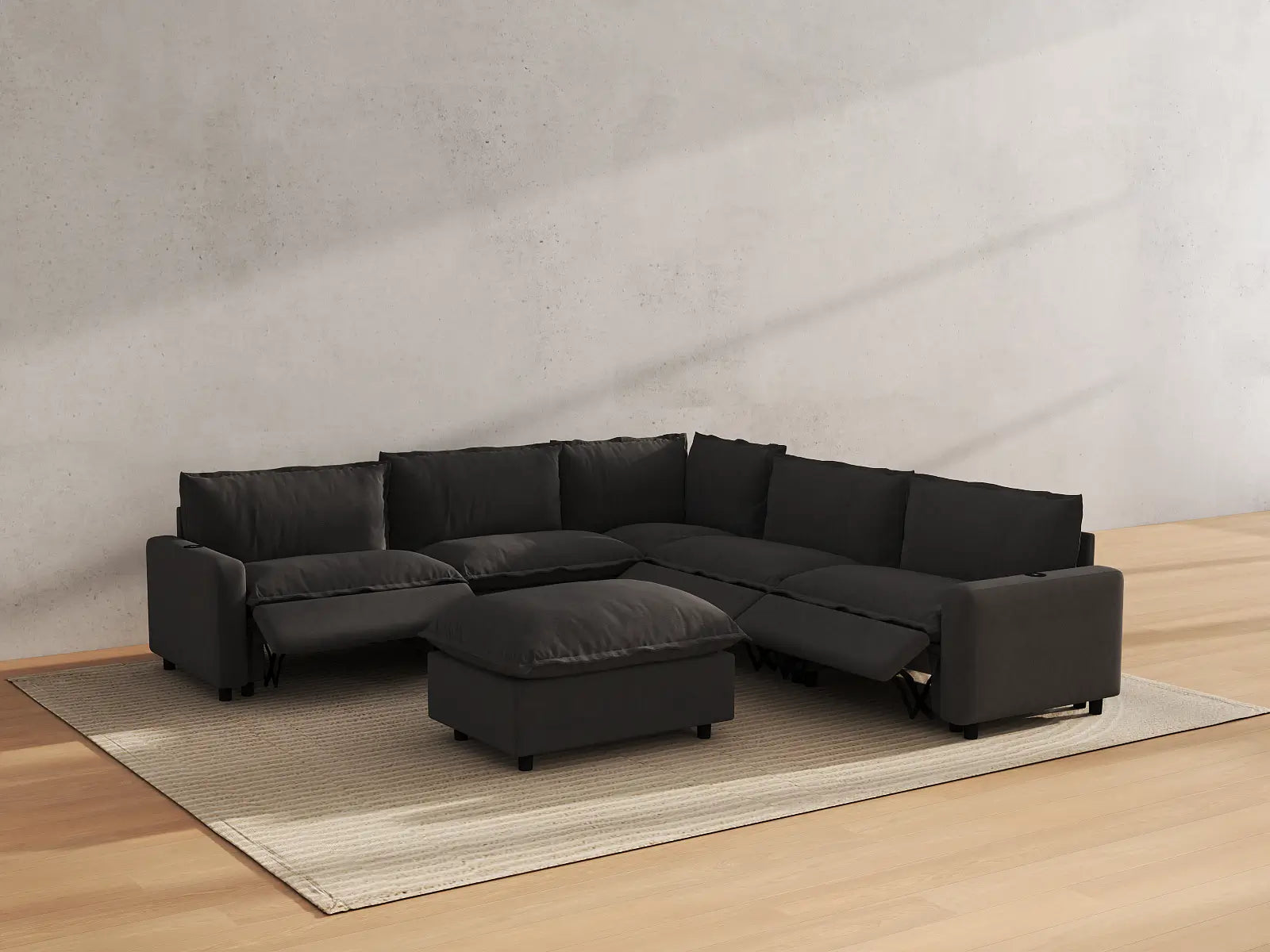 Modular Cero Reclining Sectionals | 6-Piece Grey Linen Open Plan Sofa Sets 5-Seater with 1-Ottoman