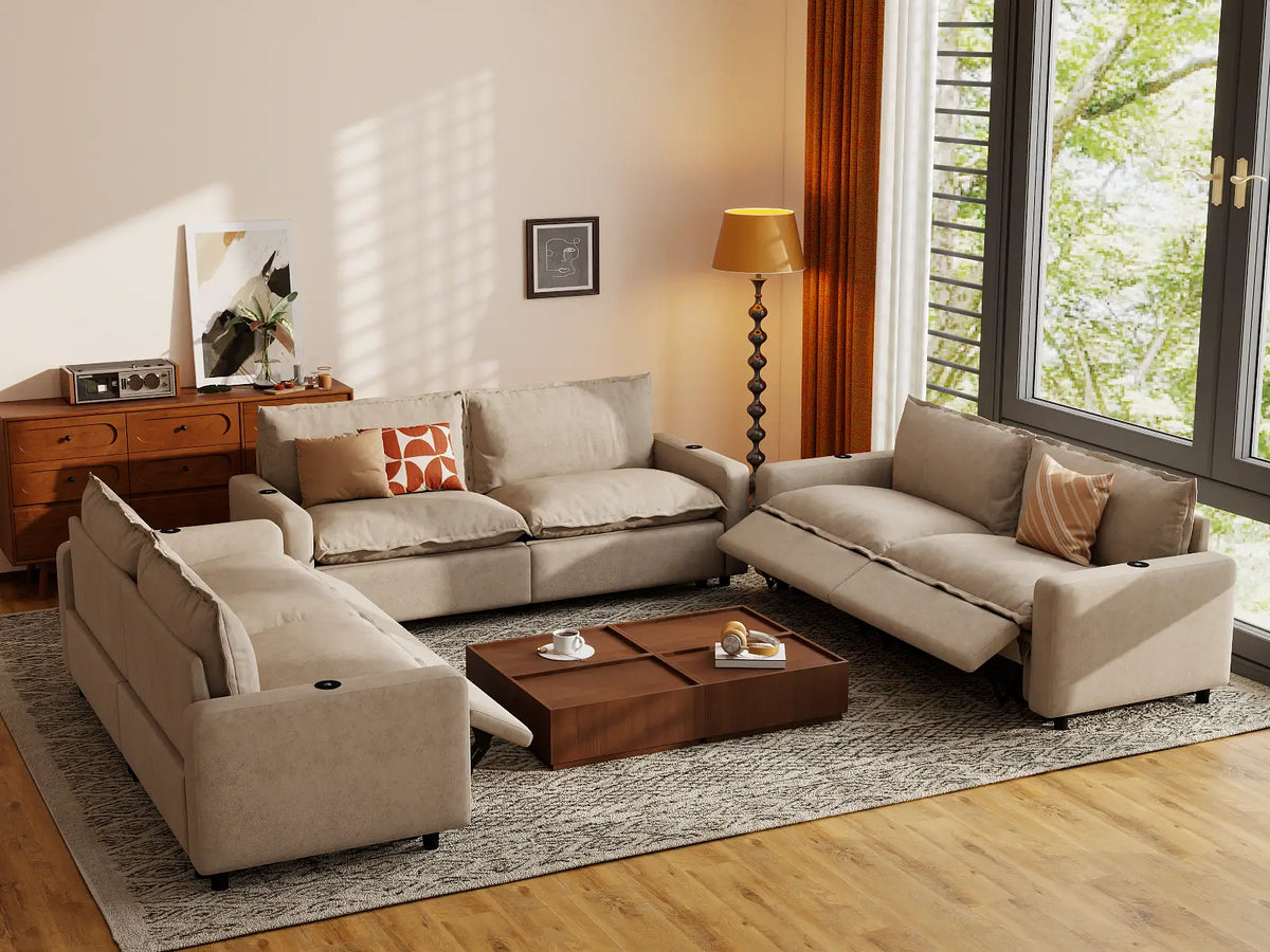Modular Cero Reclining Sectionals | 6-Piece Khaki Linen Grand Estate U-Shaped Sectionals 6-Seater