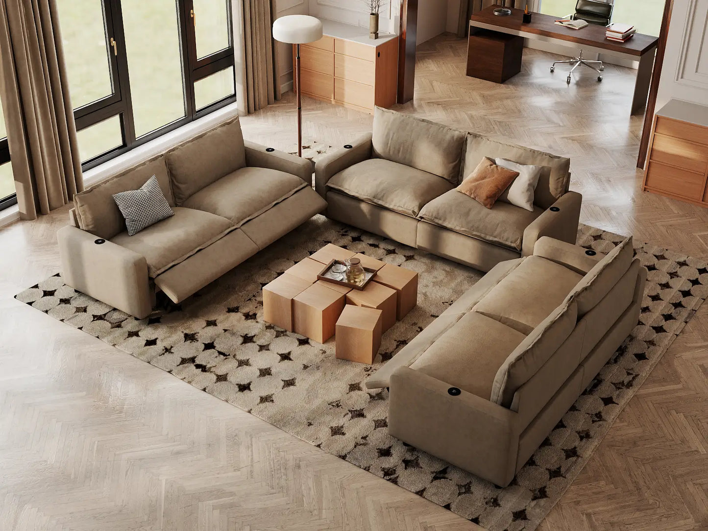 Modular Cero Reclining Sectionals | 6-Piece Khaki Linen Grand Estate U-Shaped Sectionals 6-Seater
