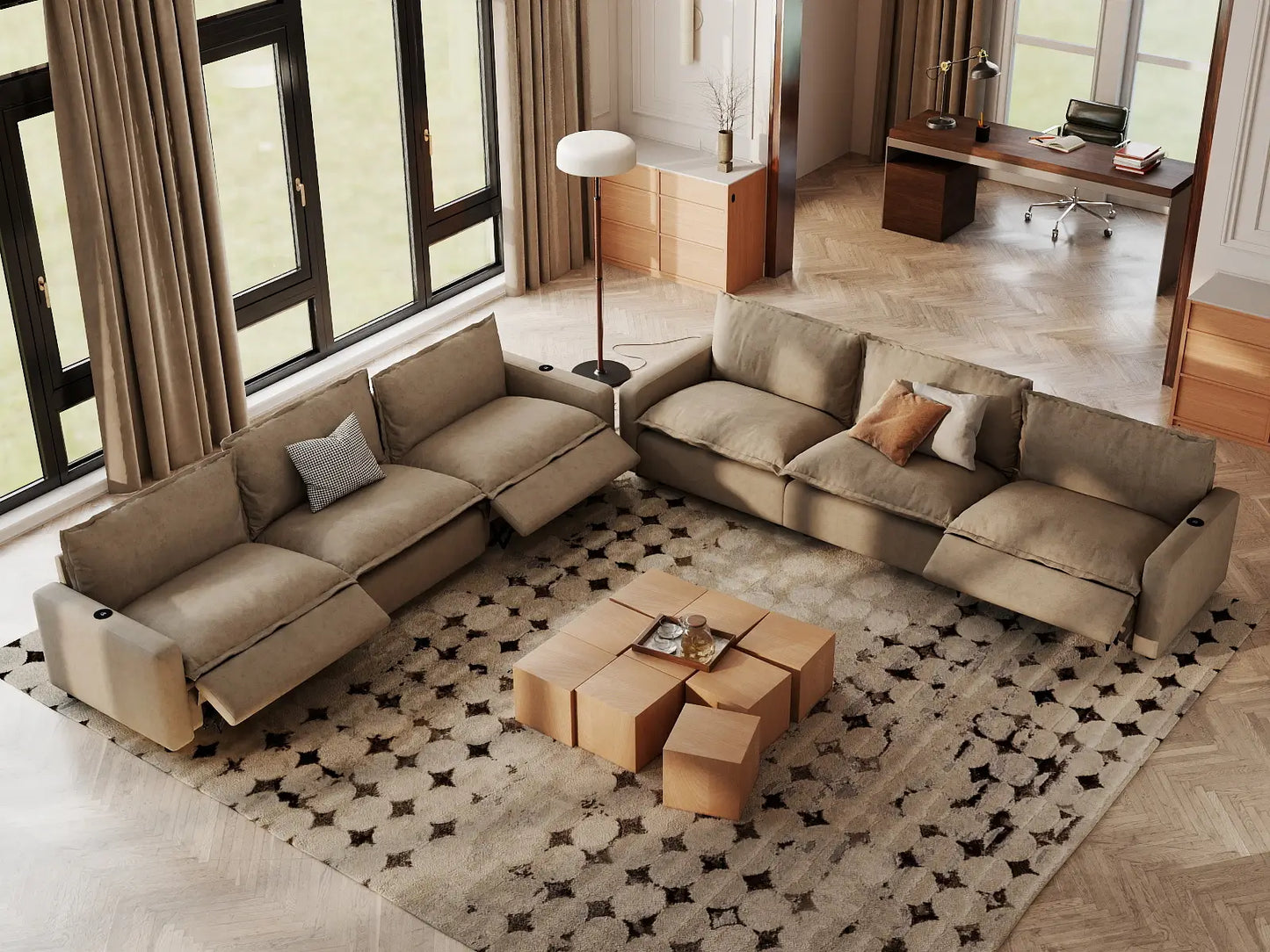 Modular Cero Reclining Sectionals | 6-Piece Khaki Linen Grand Estate V-Shaped Sectionals 6-Seater