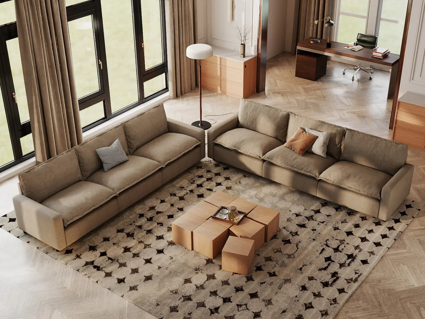 Modular Cero Modular Sectionals | 6-Piece Khaki Linen Grand Estate V-Shaped Sectionals 6-Seater