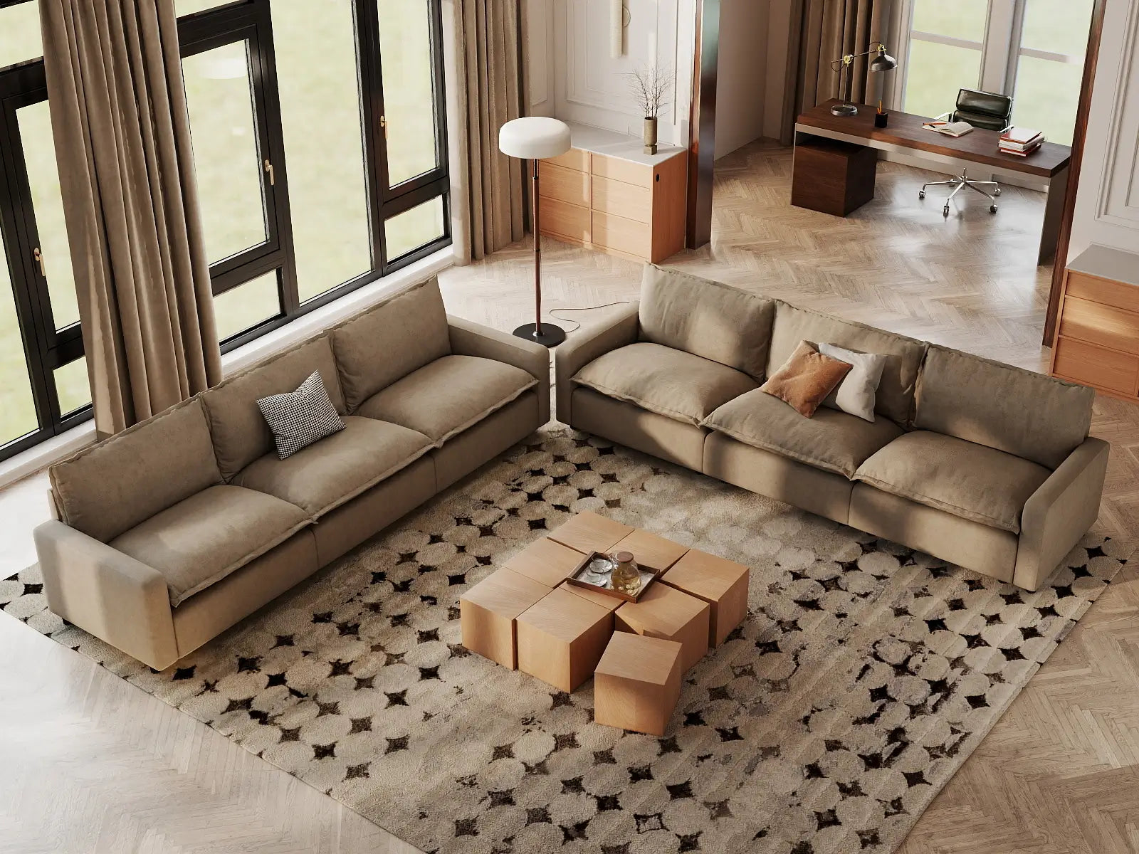Modular Cero Modular Sectional | 6-Piece Khaki Linen Grand Estate V-Shaped Sectionals 6-Seater