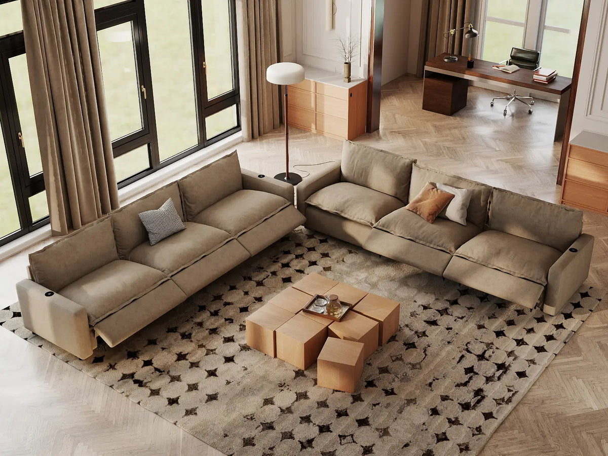 Modular Cero Reclining Sectionals | 6-Piece Khaki Linen Grand Estate V-Shaped Sectionals 6-Seater
