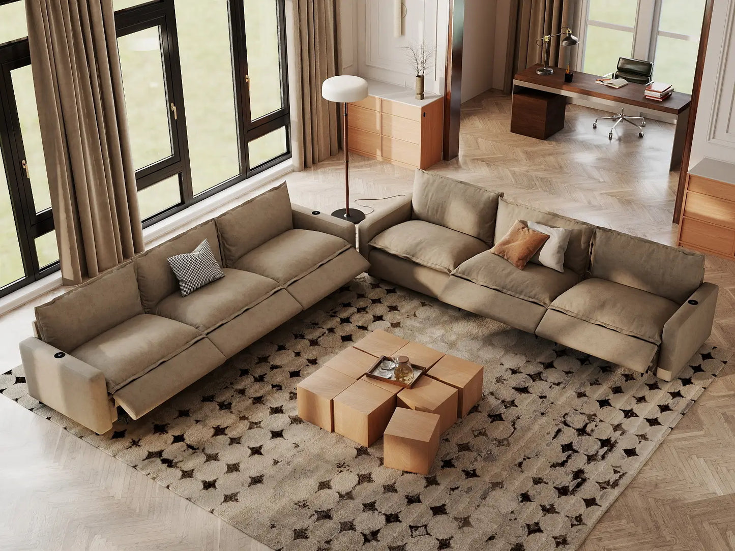 Modular Cero Reclining Sectionals | 6-Piece Khaki Linen Grand Estate V-Shaped Sectionals 6-Seater