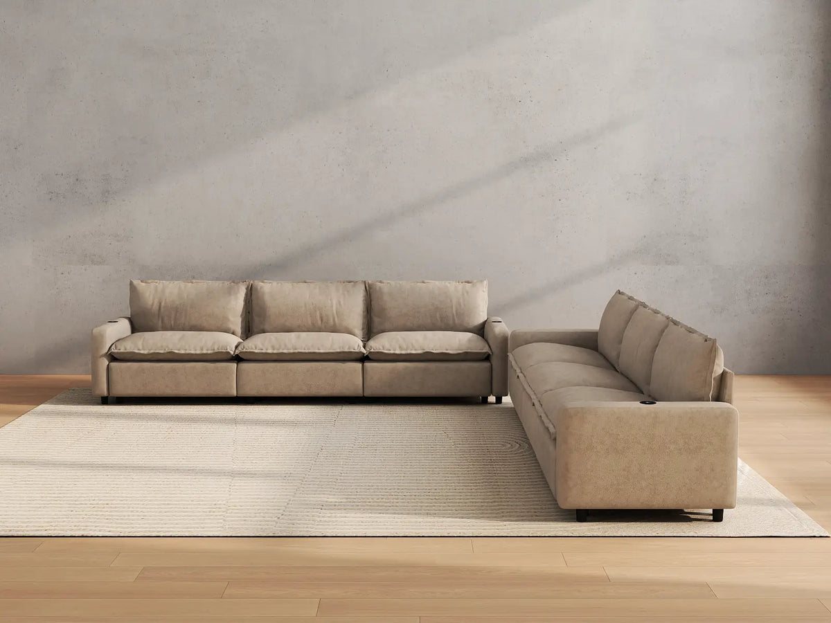 Modular Cero Reclining Sectionals | 6-Piece Khaki Linen Grand Estate V-Shaped Sectionals 6-Seater