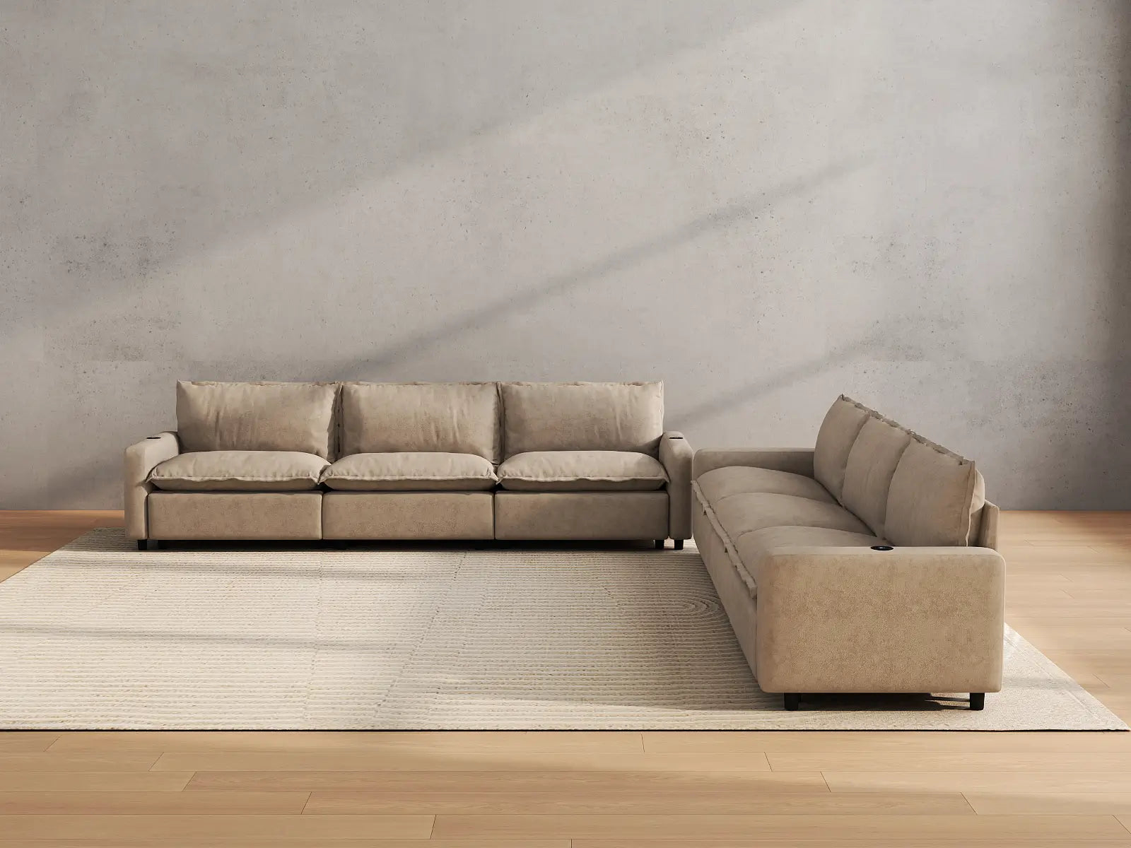 Modular Cero Recliner Sectional Sofa | 6-Piece Khaki Linen Grand Estate V-Shaped Sectionals 6-Seater