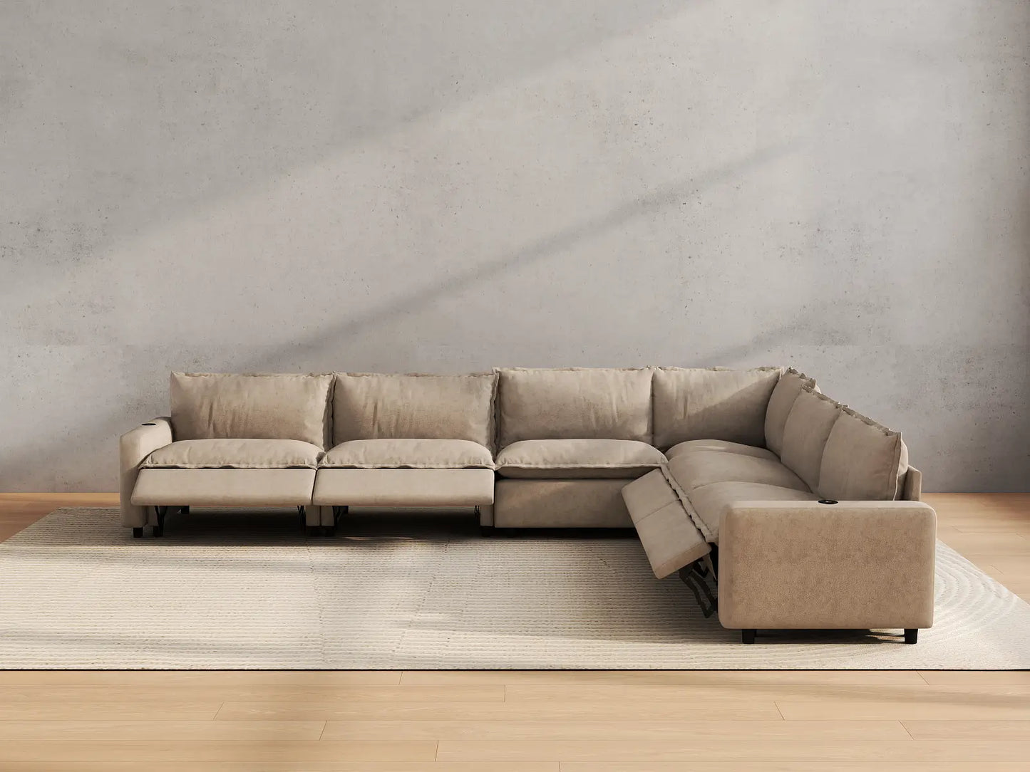 Modular Cero Reclining Sectionals | 6-Piece Khaki Linen Grand Estate V-Shaped Sectionals 6-Seater