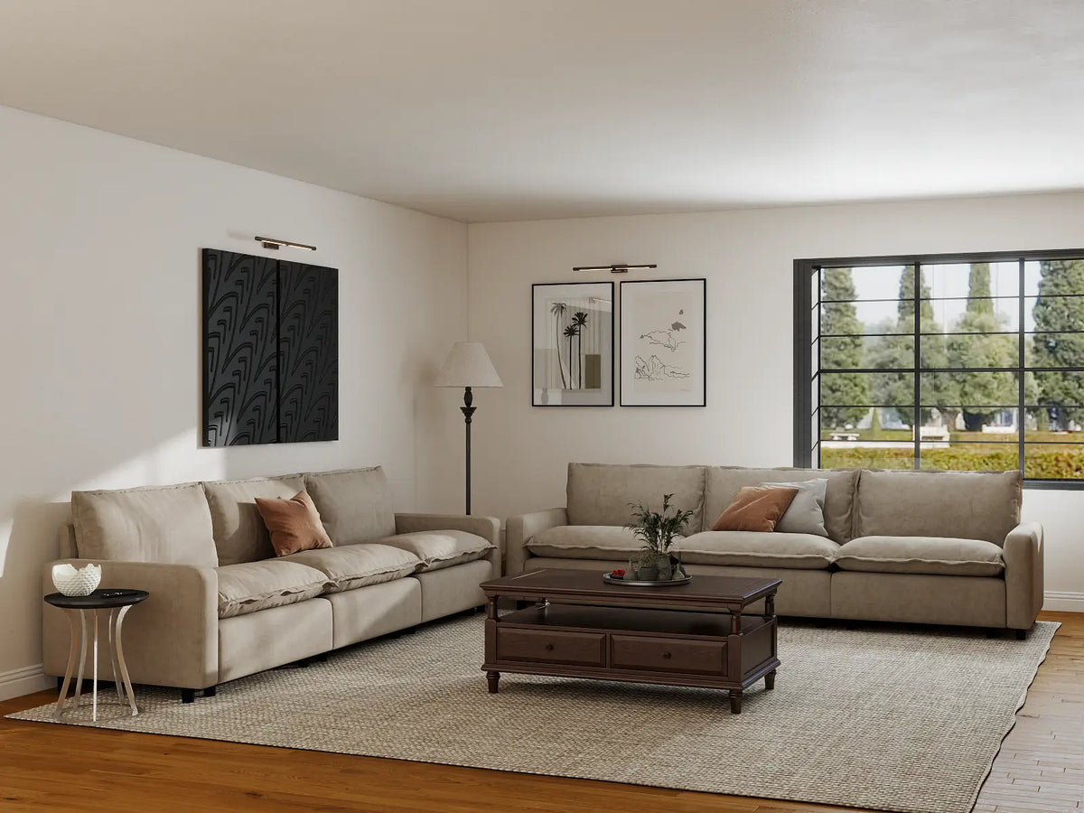 Modular Cero Modular Sectionals | 6-Piece Khaki Linen Grand Estate V-Shaped Sectionals 6-Seater
