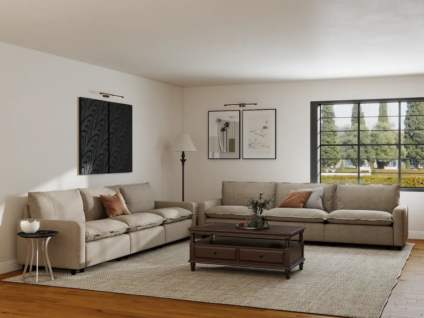 Modular Cero Modular Sectionals | 6-Piece Khaki Linen Grand Estate V-Shaped Sectionals 6-Seater
