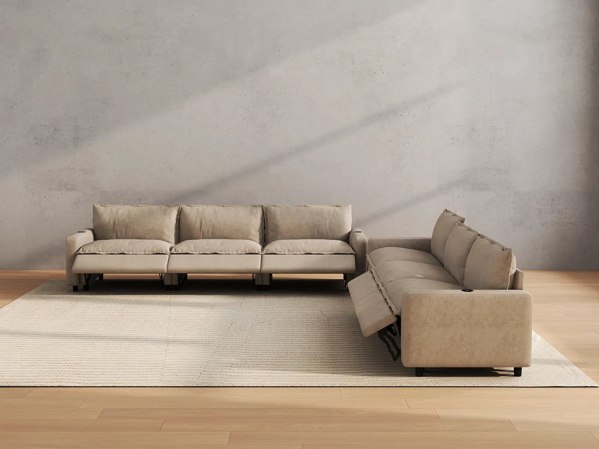 Modular Cero Reclining Sectionals | 6-Piece Khaki Linen Grand Estate V-Shaped Sectionals 6-Seater