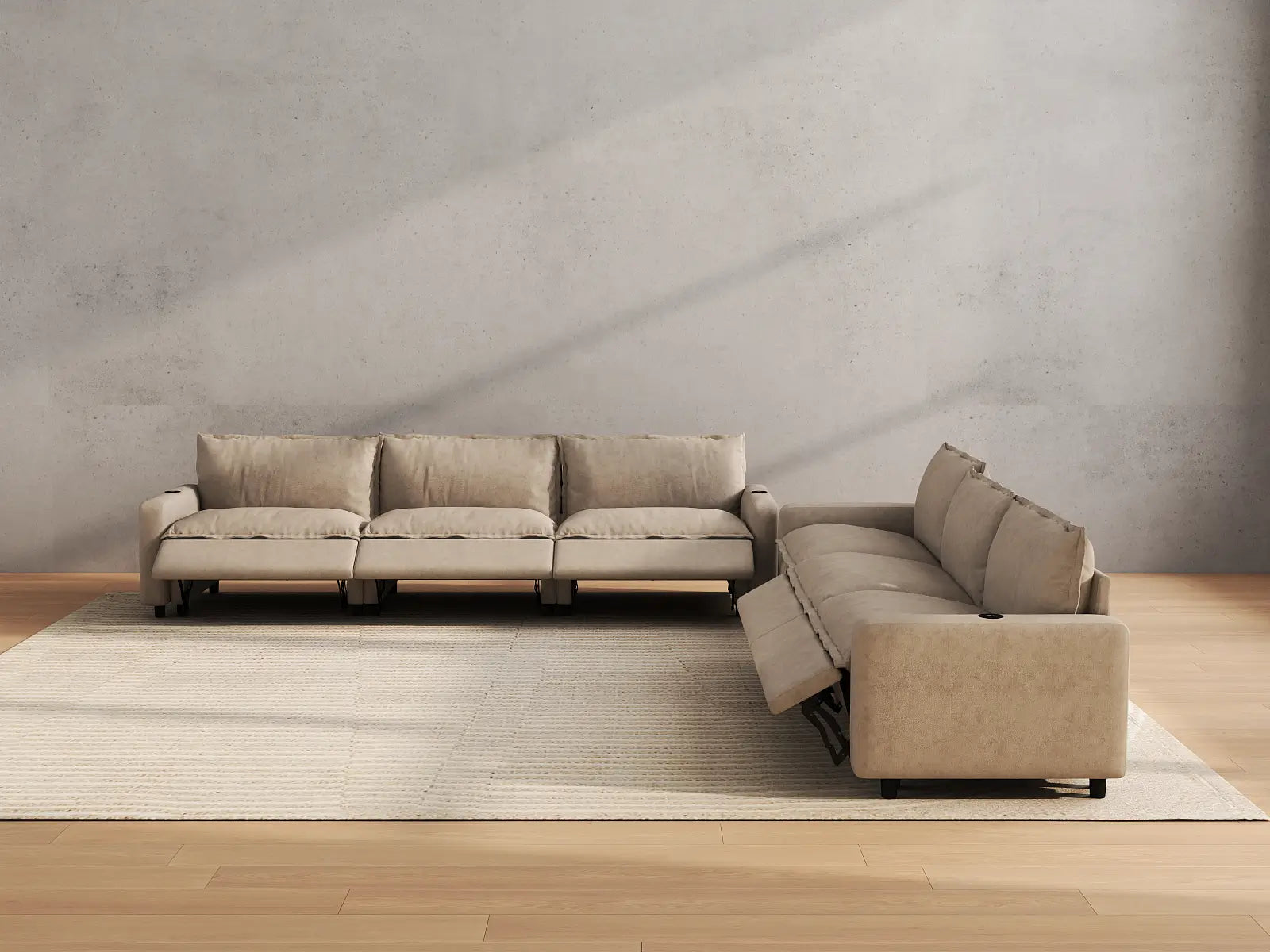Modular Cero Sectional Recliner Sofa | 6-Piece Khaki Linen Grand Estate V-Shaped Sectionals 6-Seater