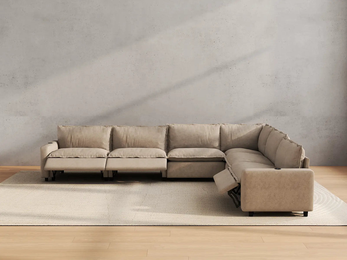 Modular Cero Reclining Sectionals | 6-Piece Khaki Linen Grand Estate V-Shaped Sectionals 6-Seater